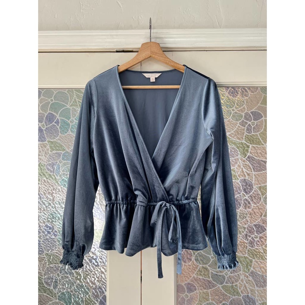 LC Lauren Conrad blue Velvet Wrap top